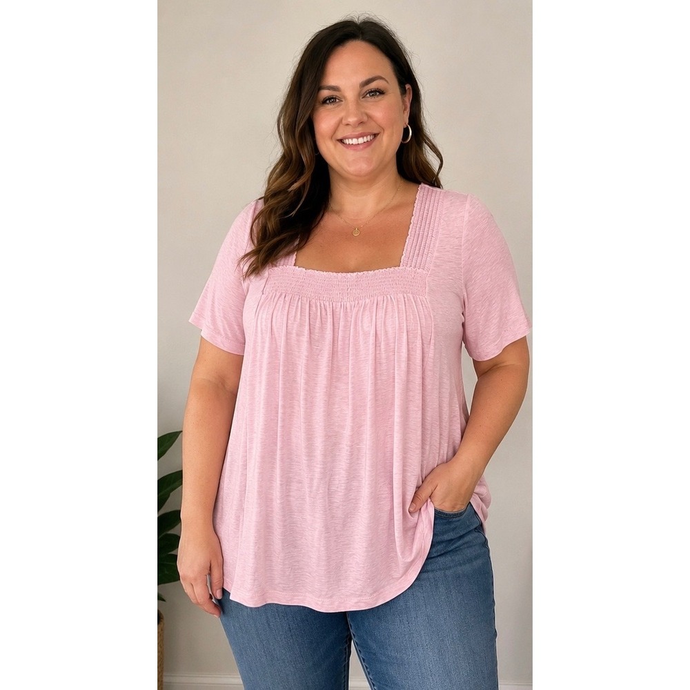Lane Bryant Pink Square Neck Smocked Top Size 18/20 Short Sleeve Blouse NWT Boho
